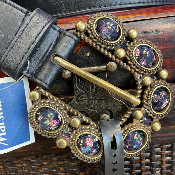 NWT Belgo Lux Black Belt With Golden Metal Buckle Floral Material Women Size XL - Picture 3 of 8